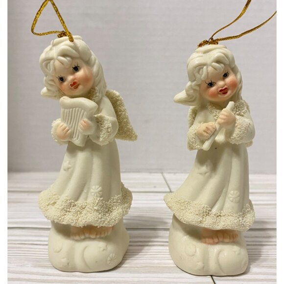 Vintage Angel Figurines Set Of 2 Ceramic Christmas Ornaments Flute & Harp Jade - Picture 2 of 7